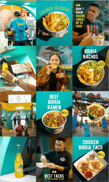 Instagram feed grid designed by Donut Media for La Birria Tacos at Global Village